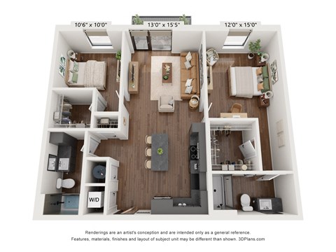 Floor plan for 2 beds, 2 baths, 1128 sqft